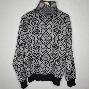 VTG James‎ River Traders Wool Turtleneck Geometric Knit Gray Black Sweater M